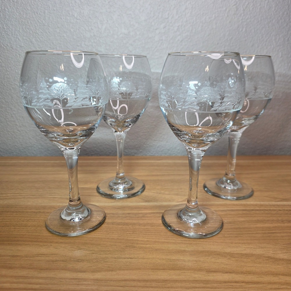 1980s Libbey Arby's Winter Wonderland Etched Wine Glass Gold Rim Frosted Set 4